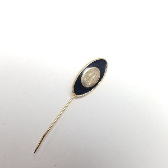 Vintage J Monogram Stick Pin, Gold Tone Black Background, Engraved Initial - Picture 2 of 5